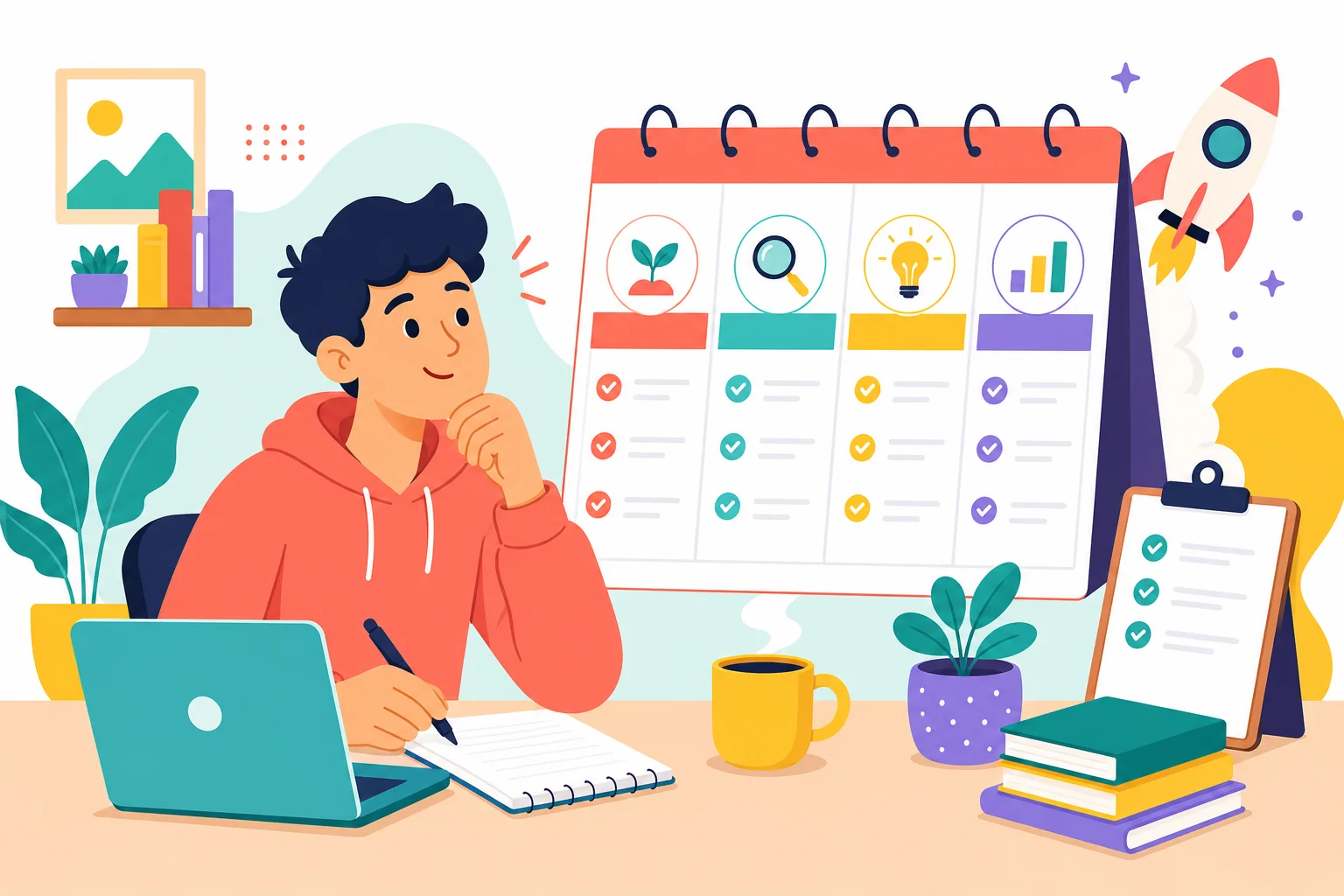Colourful illustration of a solo founder planning their first month