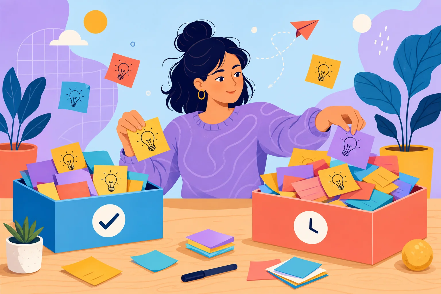 Colourful illustration of sorting business ideas on sticky notes