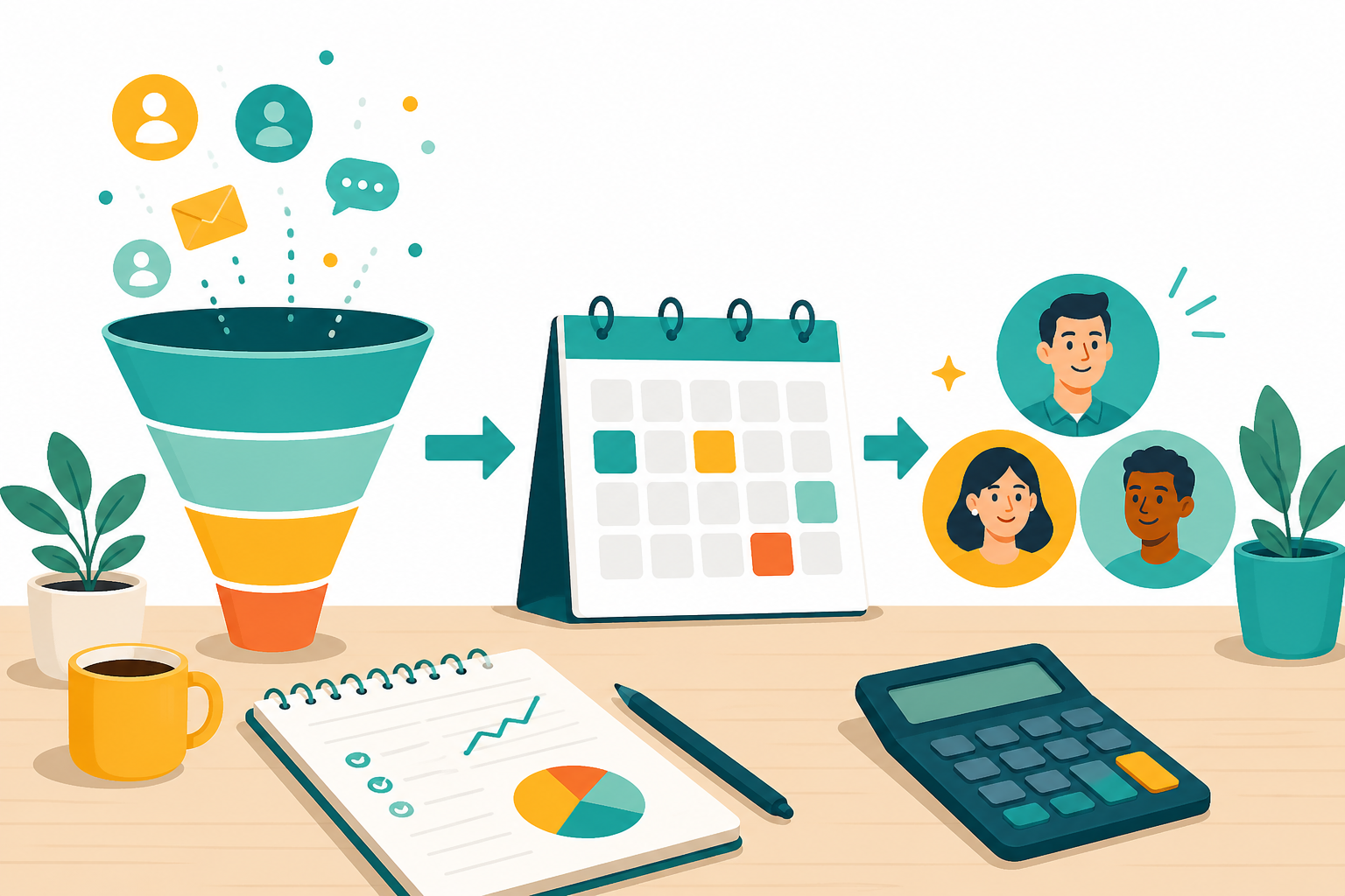 Illustration of a sales funnel, calendar, and lead numbers on a desk