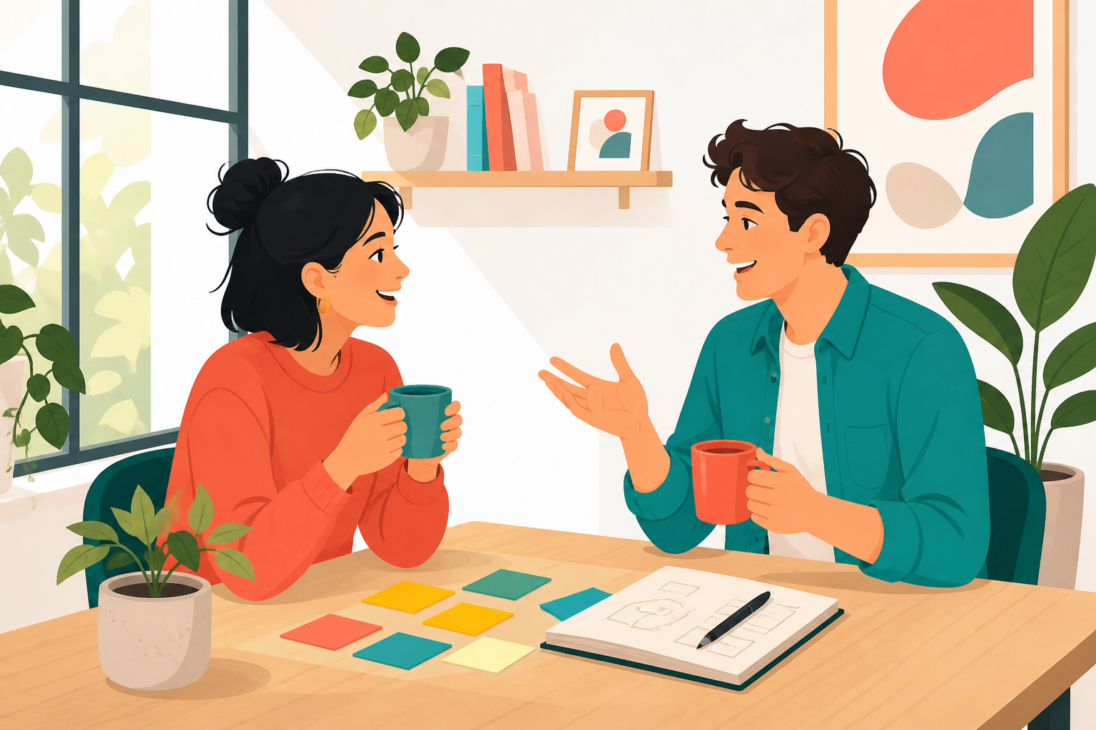 Illustration of a solo founder talking with a customer over coffee