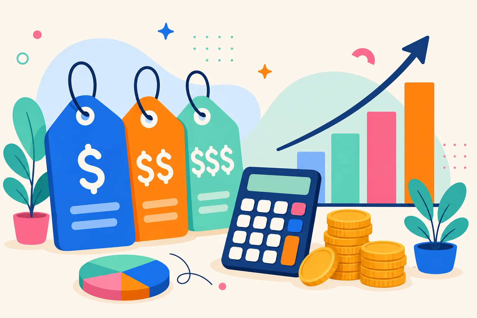 Colourful illustration of pricing tags and a calculator
