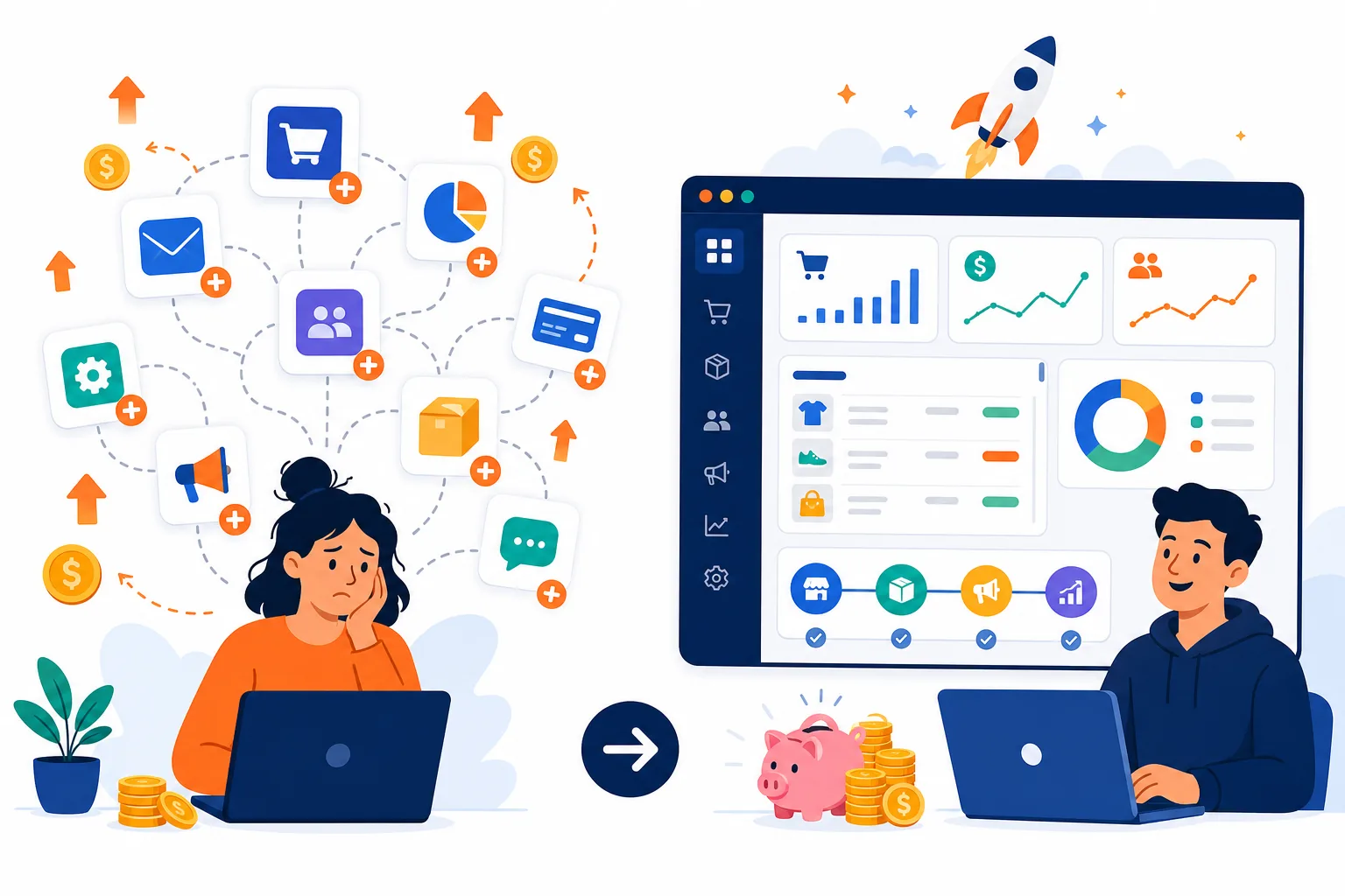 Illustration comparing scattered commerce apps with one integrated business dashboard
