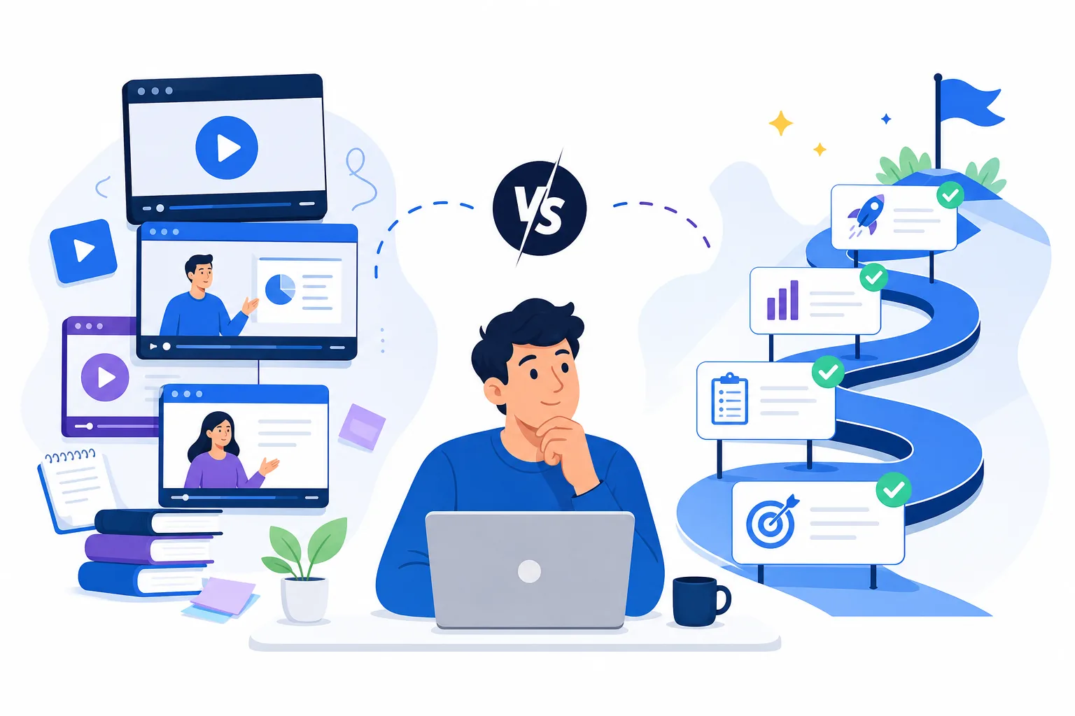 Illustration comparing online video courses with a structured step-by-step roadmap