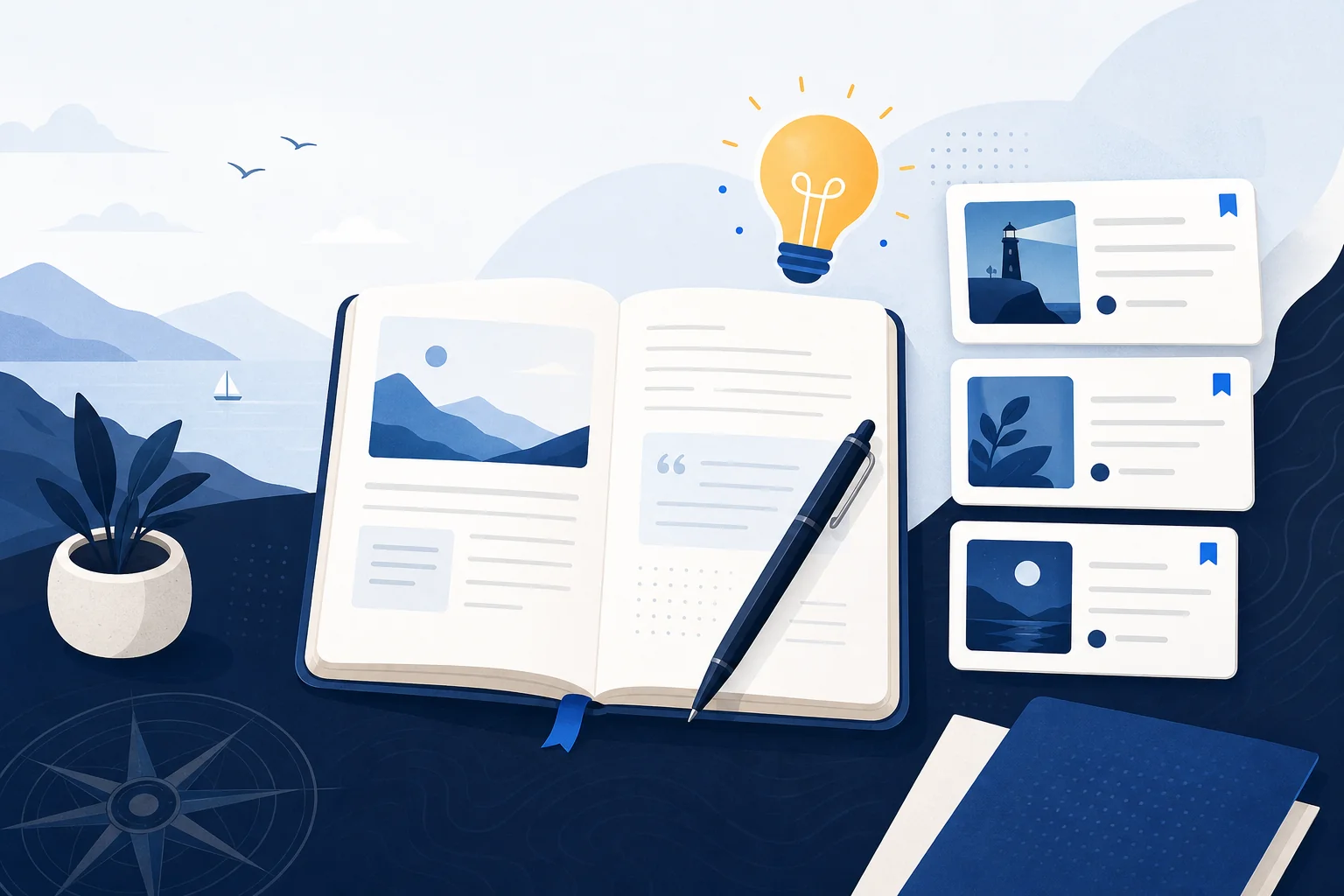 Illustration of articles, notes, and ideas for founders