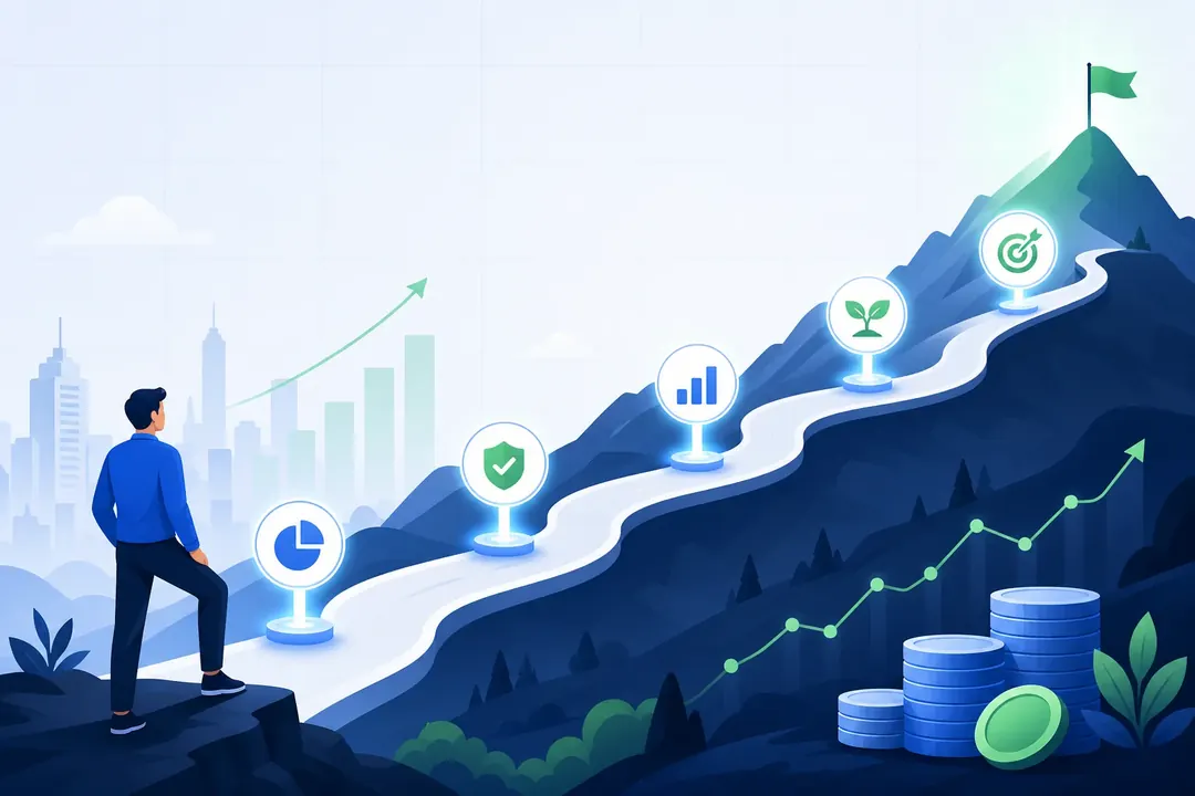 Illustration of an upward path with milestones, representing step-by-step progress toward financial goals