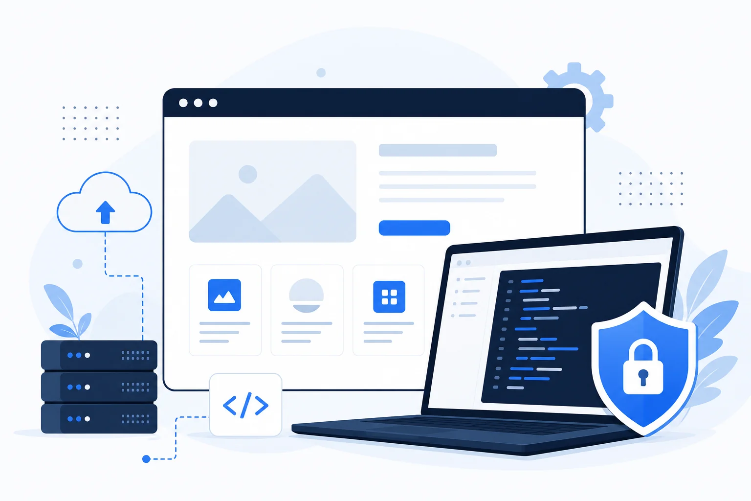 Illustration of a browser window, laptop, security shield, hosting cloud, and code brackets