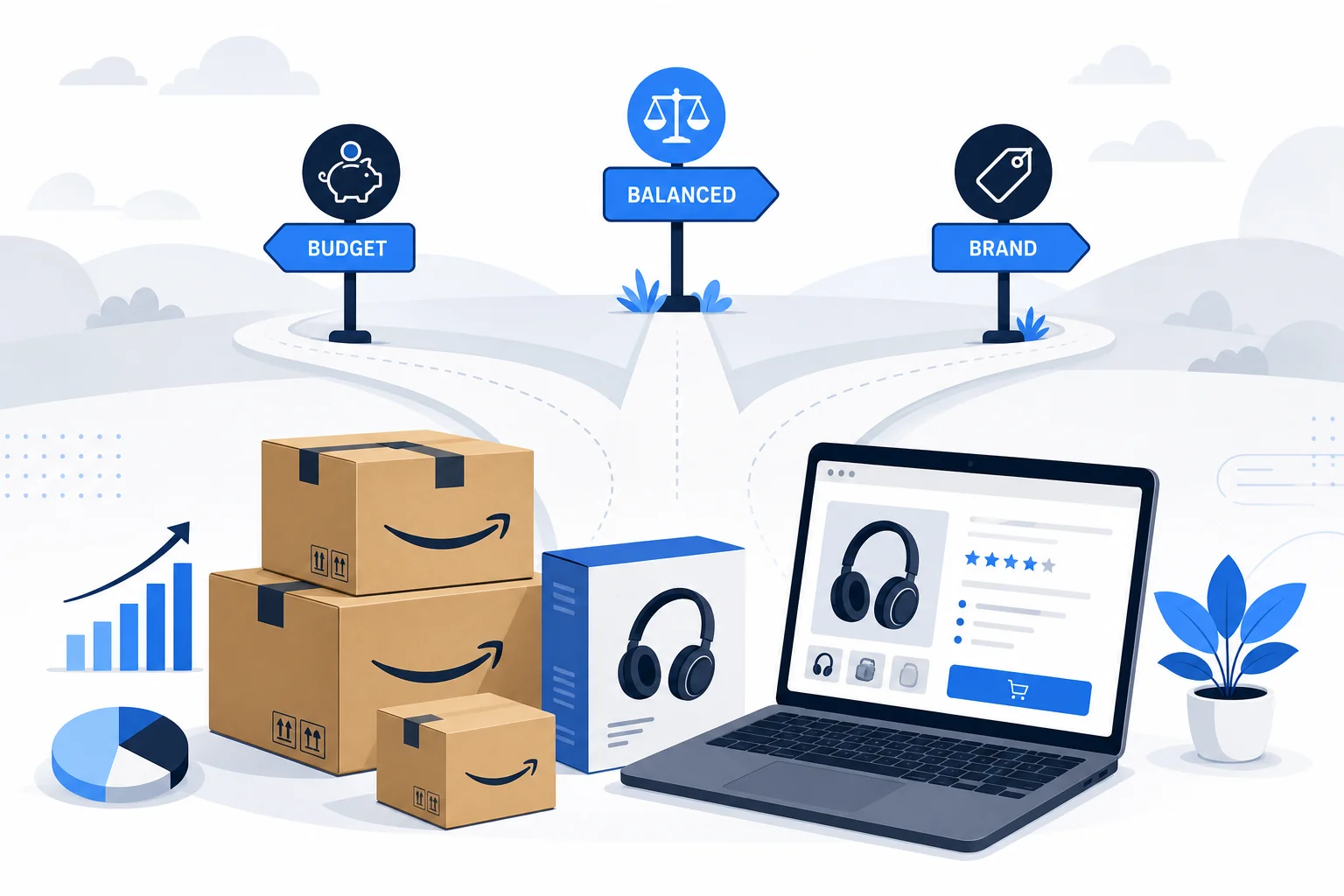 Illustration of Amazon FBA selling with packages and three pathway options