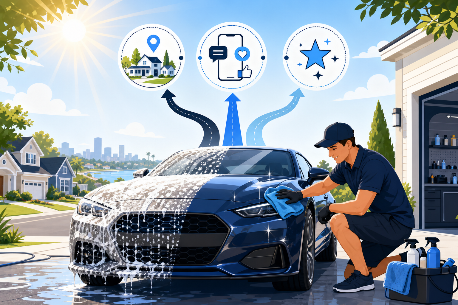 Illustration of summer mobile car detailing with foam wash and three pathway options