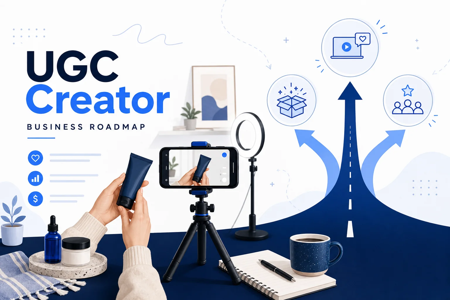 Illustration of UGC content creation with phone, product, and three paths